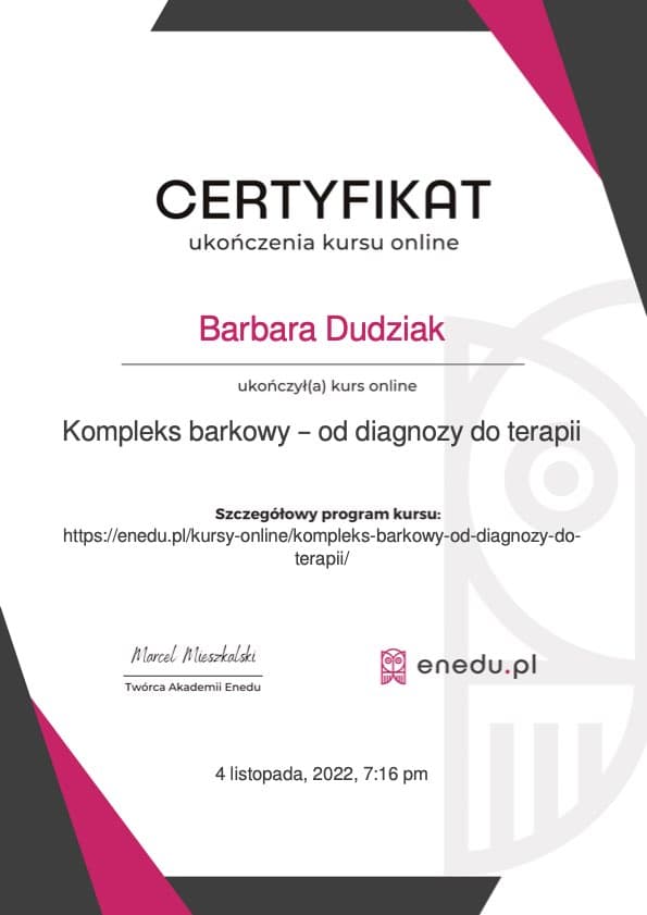 Certyfikat ukonczenia kursu online 'kompleks barkowy od diagnozy do terapii'