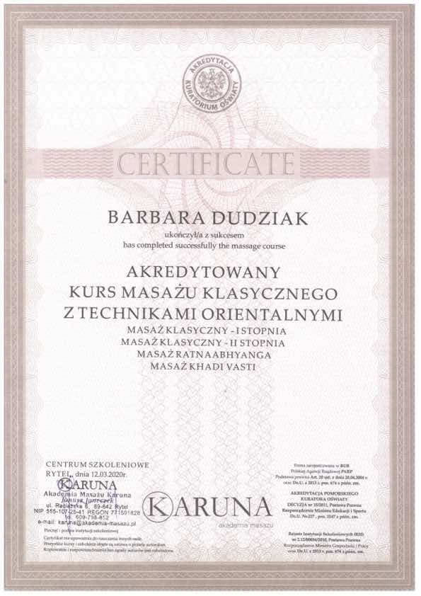 Certyfikat ukonczenia akredytowanego kursu masazu klasycznego z technikami orientalnymi